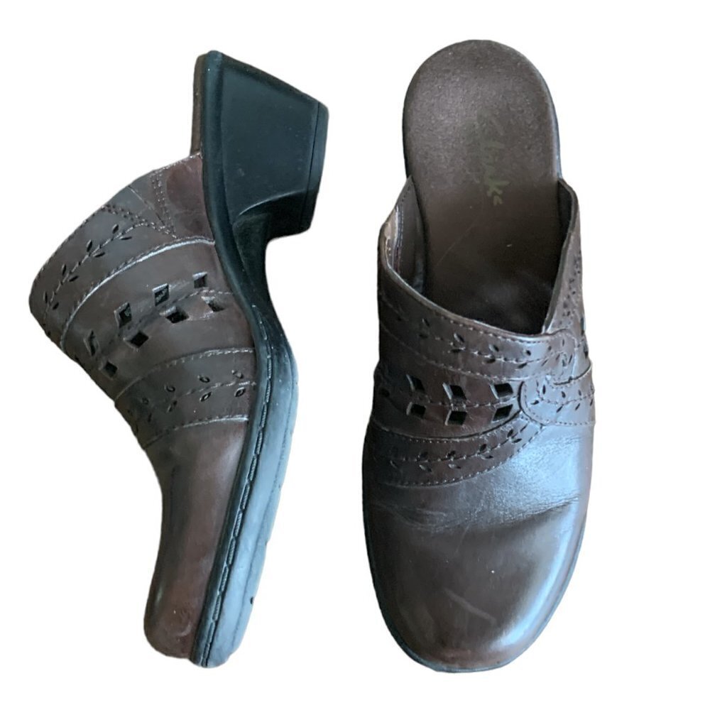 Clarks Bendables Leather Clog‎ Mule Slide Cutout Design Womens 5M Brown #123B